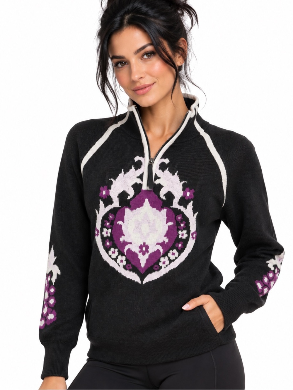 Athleta Black Zip Mock Neck Pullover Sweater Purple Medallion Athleisure